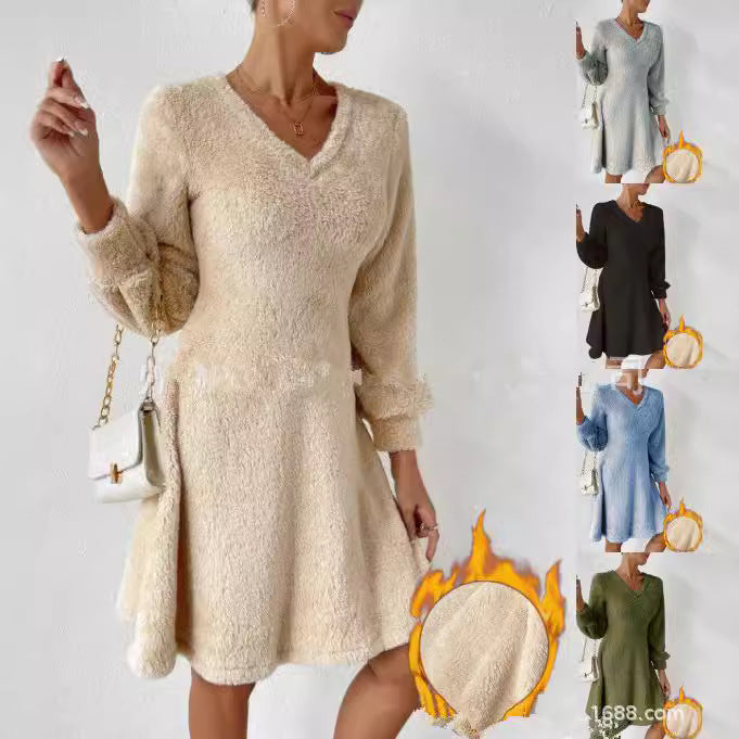 Damen fließendes V-Ausschnitt Kleid mit langen Ärmeln und weichem Fleece