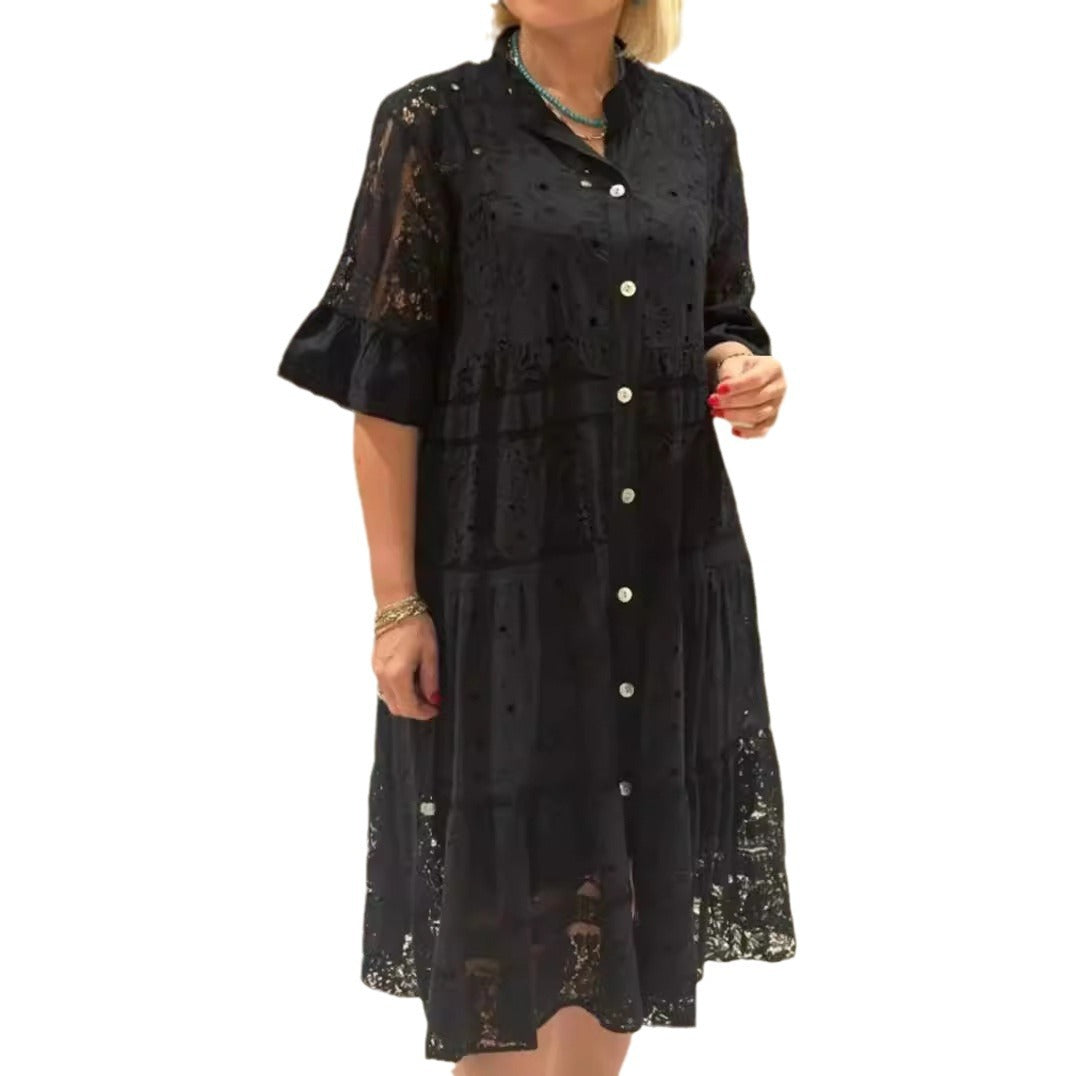 Damen nan romantisches Midikleid mit Broderie-Anglaise, durchgeknöpftem Oberteil, Stehkragen, halblangen Volantärmeln und stufigem Saum R&B