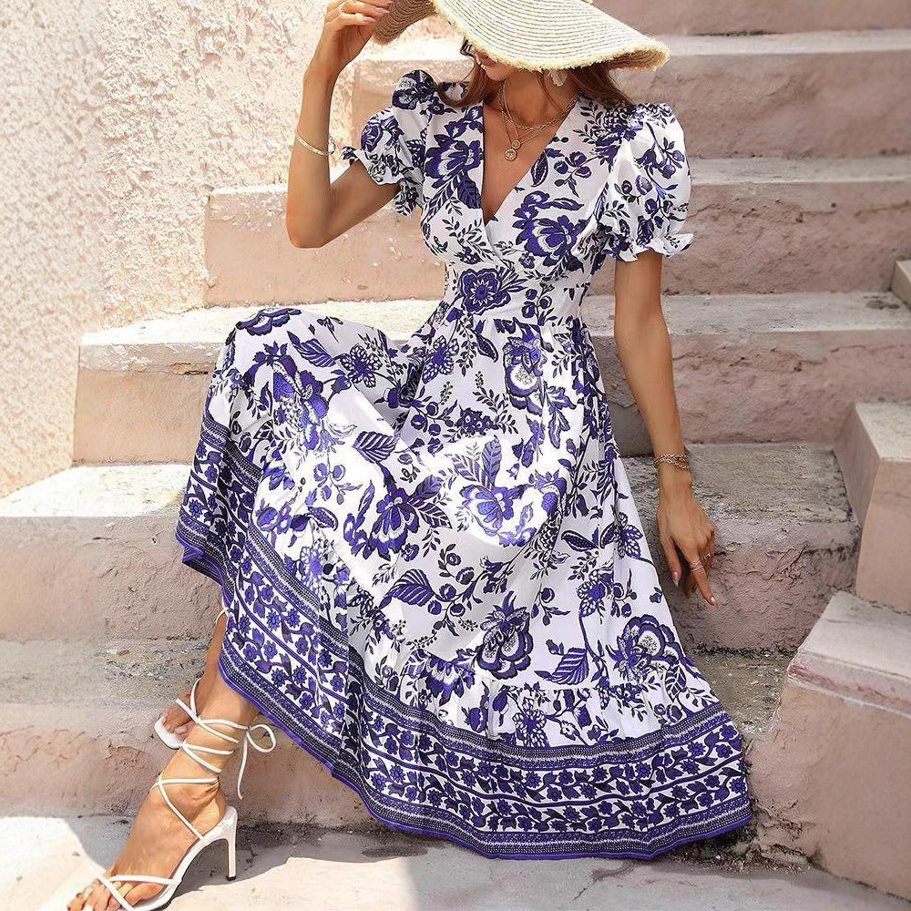 Damen nan tailliertes Boho-Maxikleid mit Wickeloptik V-Ausschnitt Puffärmeln und Bordüren-Stufenrock R&B
