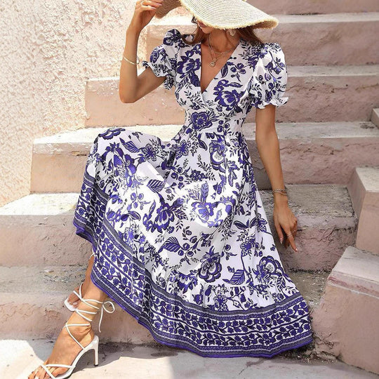 Damen nan tailliertes Boho-Maxikleid mit Wickeloptik V-Ausschnitt Puffärmeln und Bordüren-Stufenrock R&B