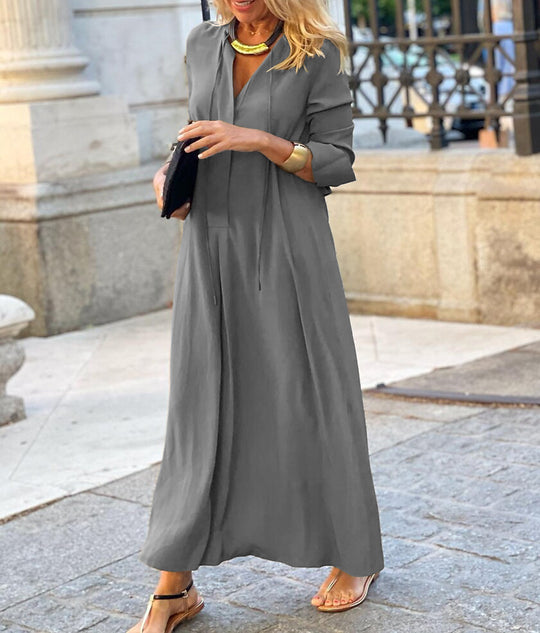 Damen lässiges Maxikleid mit tiefem V-Ausschnitt und eleganten Bindebändern R&B