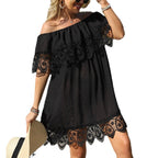 Damen transparente Strandtunika mit elegantem Häkelbesatz R&B