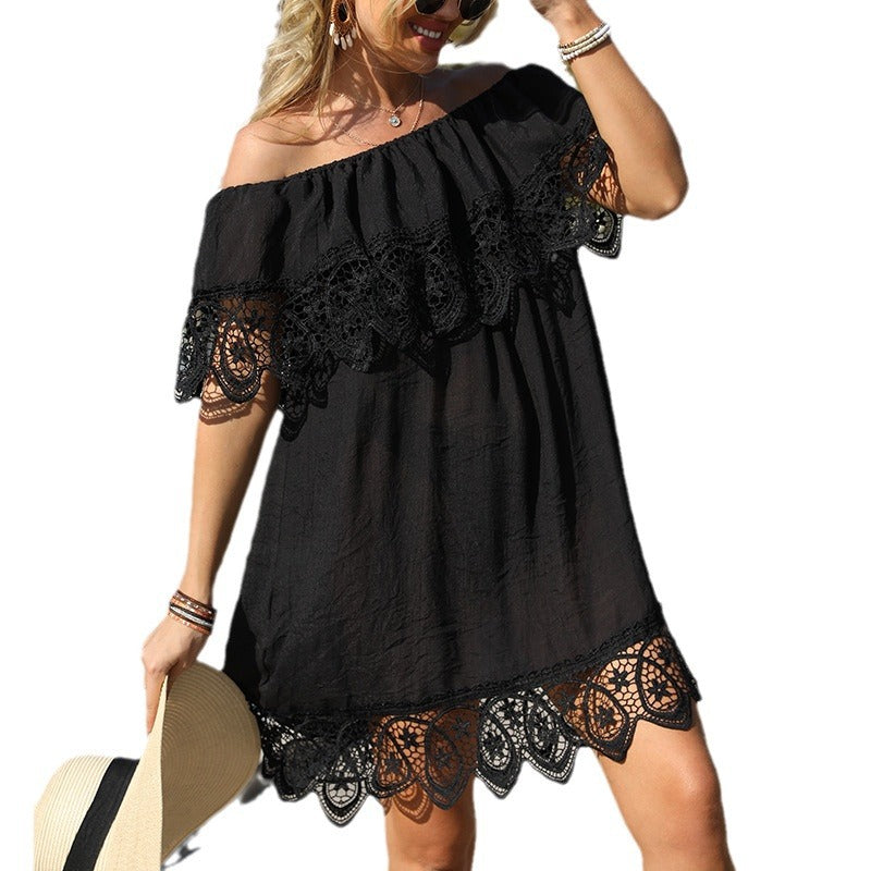 Damen transparente Strandtunika mit elegantem Häkelbesatz R&B