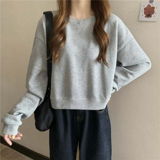 Damen lässiger cropped Pullover aus weichem Baumwollmix mit modischem Rundhalsausschnitt R&B