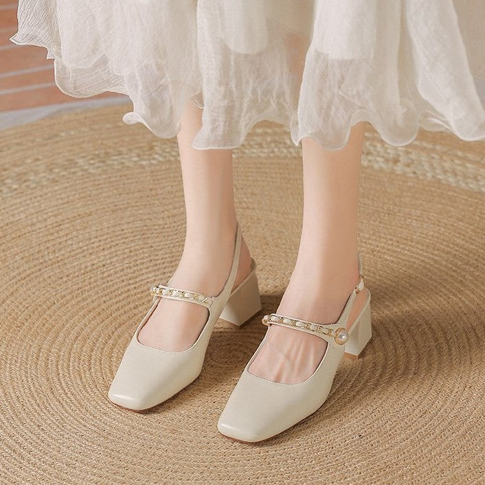Damen Slingback-Pumps mit quadratischem Absatz und Perlenakzenten R&B