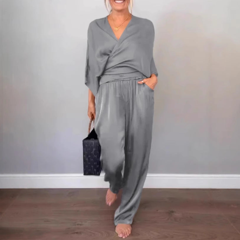 Damen Elegantes Wickeloberteil mit weitem Schnitt und passenden Palazzo-Hosen