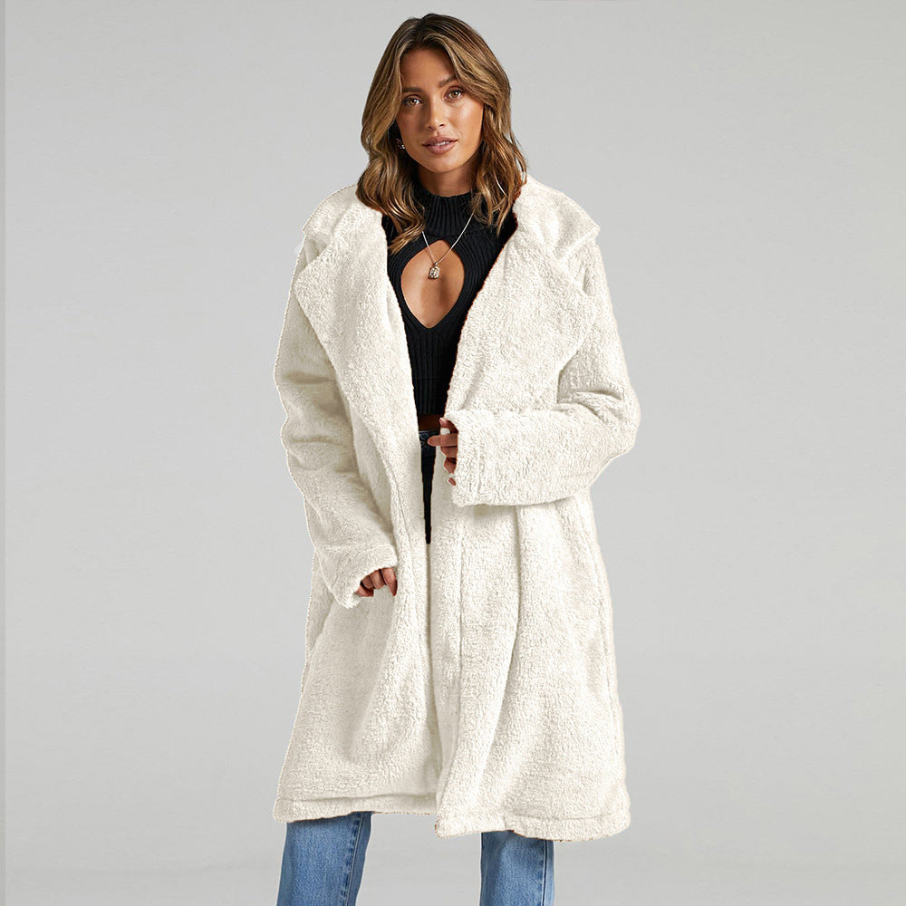 Damen Lange, flauschige Teddy-Jacke mit Revers R&B
