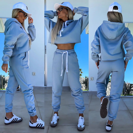Damen modernes Hoodie-Jogginganzug-Set mit elastischem Bund und Kontrastdetails R&B