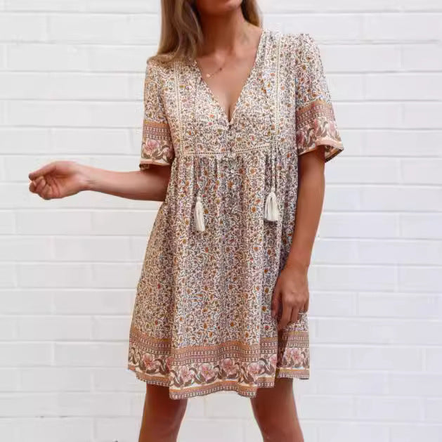 Damen Lässiges Boho-Kleid mit verspielten Quasten und floralen Mustern R&B