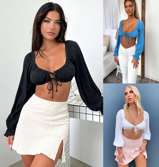 Damen Crop-Top mit Puffärmeln und verstellbarem Kordelzug R&B