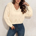 Damen V-Ausschnitt Grobstrickpullover mit filigranem Lochmuster R&B
