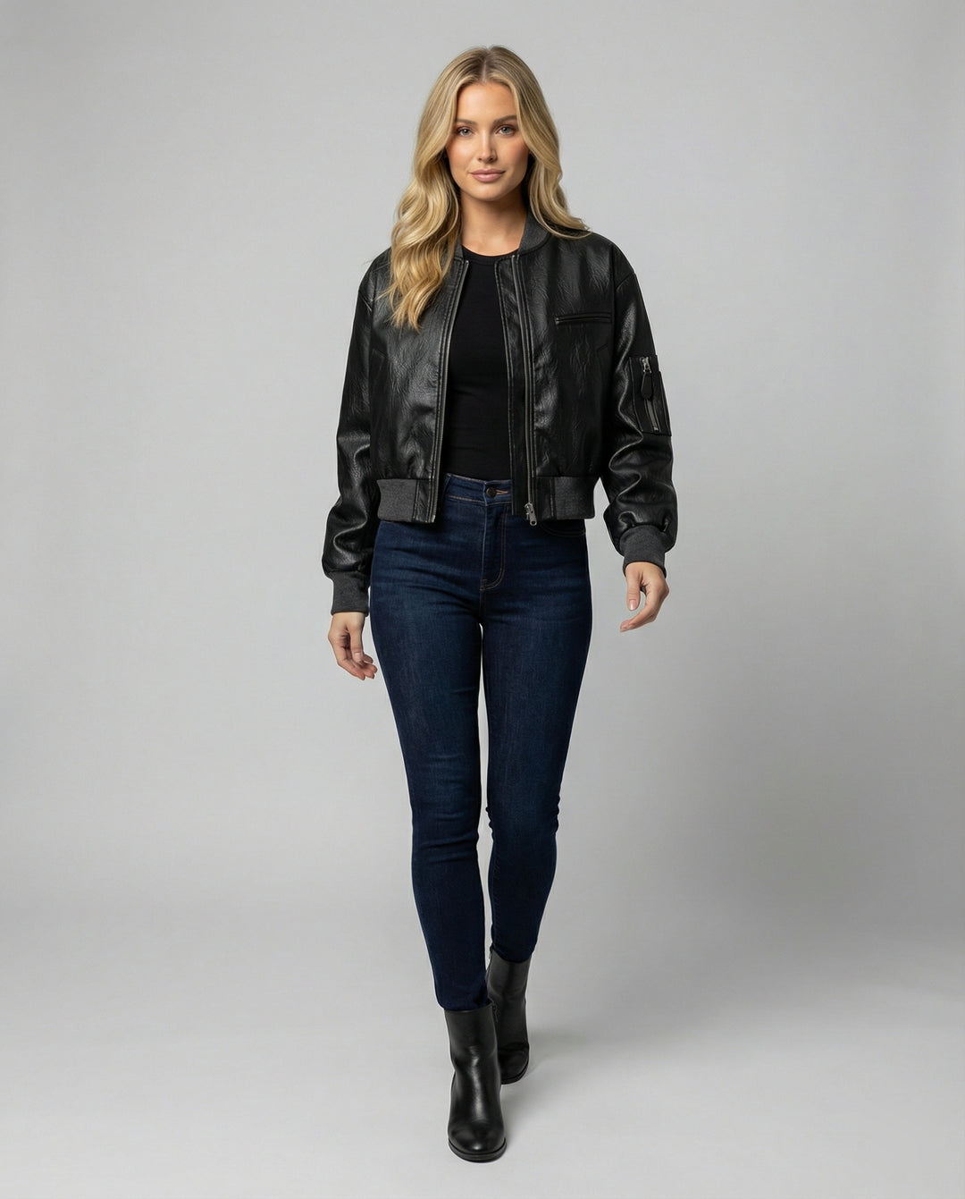 Damen PU Lederjacke Schwarz Kurz American Style Baseball Jacke Bikerlook