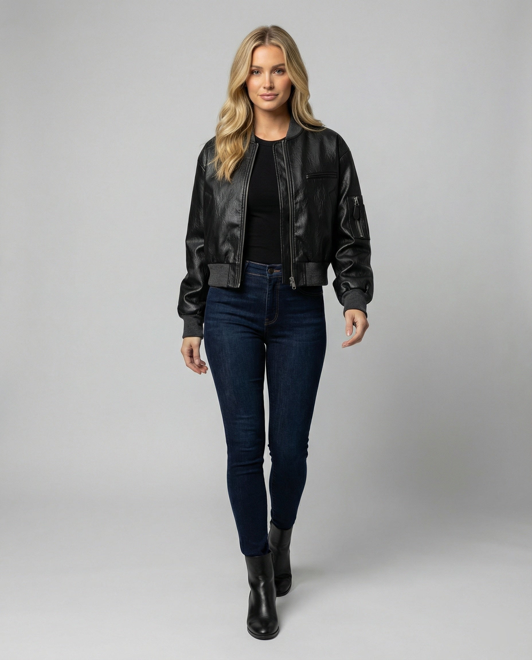 Damen PU Lederjacke Schwarz Kurz American Style BasR&Ball Jacke Bikerlook