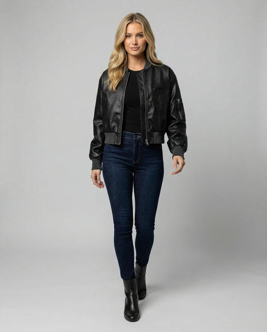 Damen PU Lederjacke Schwarz Kurz American Style Baseball Jacke Bikerlook