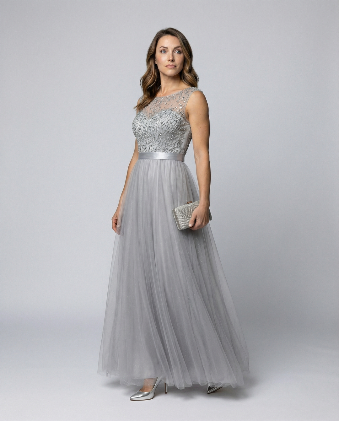 R&B | Herz-Ausschnitt Maxi Ombre Grau Kleid mit Schaufel-Bodice