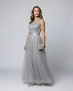 R&B | Herz-Ausschnitt Maxi Ombre Grau Kleid mit Schaufel-Bodice