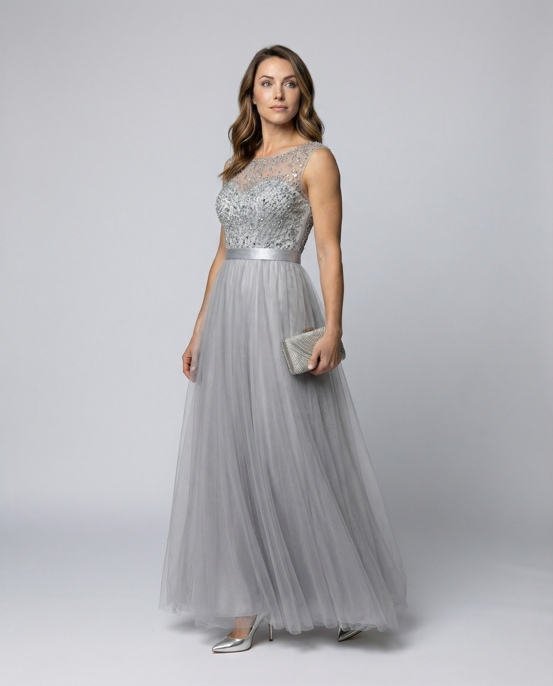 R&B | Herz-Ausschnitt Maxi Ombre Grau Kleid mit Schaufel-Bodice
