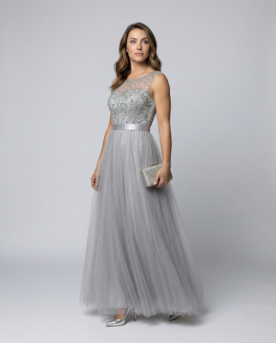 R&B | Herz-Ausschnitt Maxi Ombre Grau Kleid mit Schaufel-Bodice