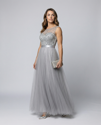 R&B | Herz-Ausschnitt Maxi Ombre Grau Kleid mit Schaufel-Bodice
