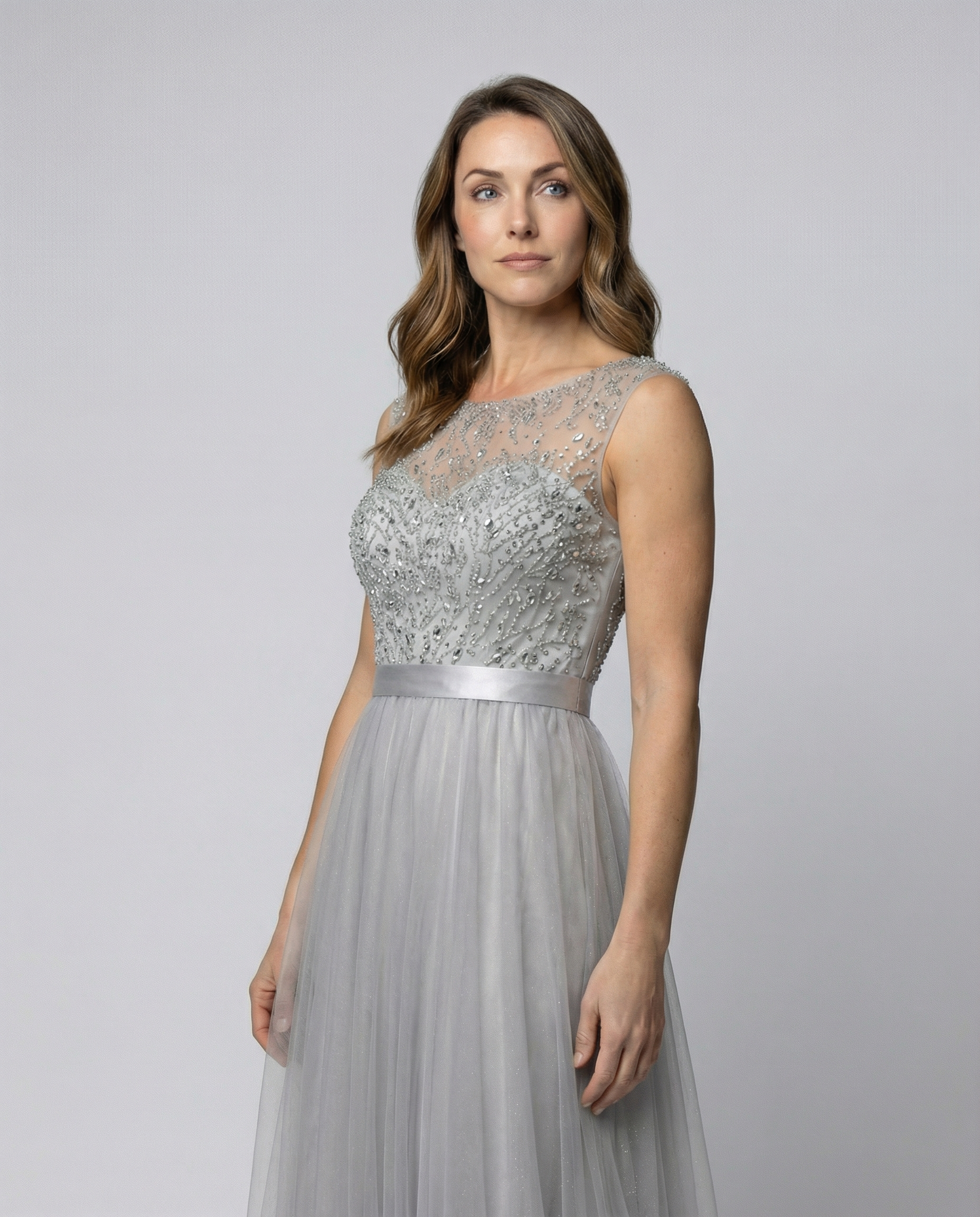 R&B | Herz-Ausschnitt Maxi Ombre Grau Kleid mit Schaufel-Bodice