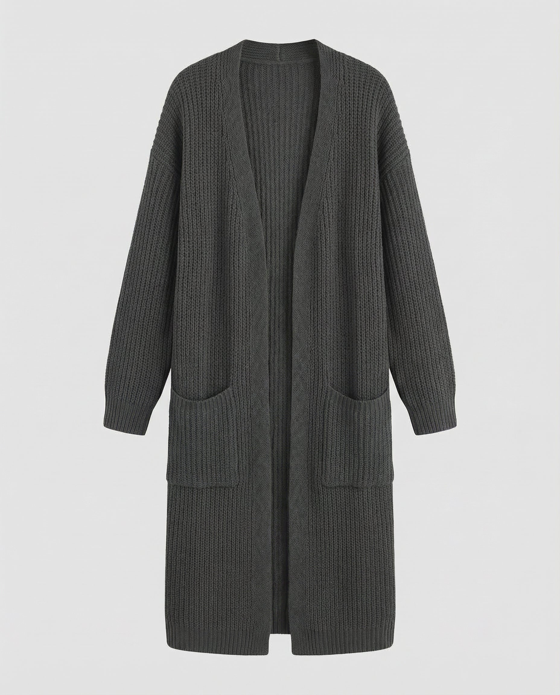 Damen Strickmantel mit Tiefem V-Ausschnitt und Seitlichen Eingrifftaschen
