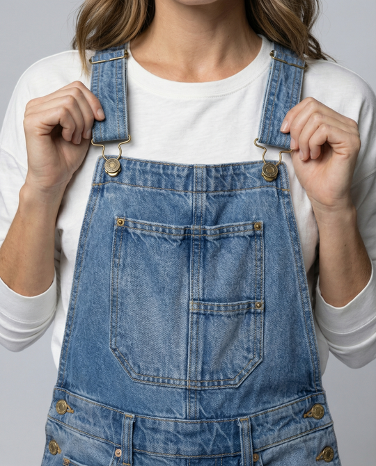 Damen Lässige Denim-Latzhose mit Weit geschnittenem Bein R&B