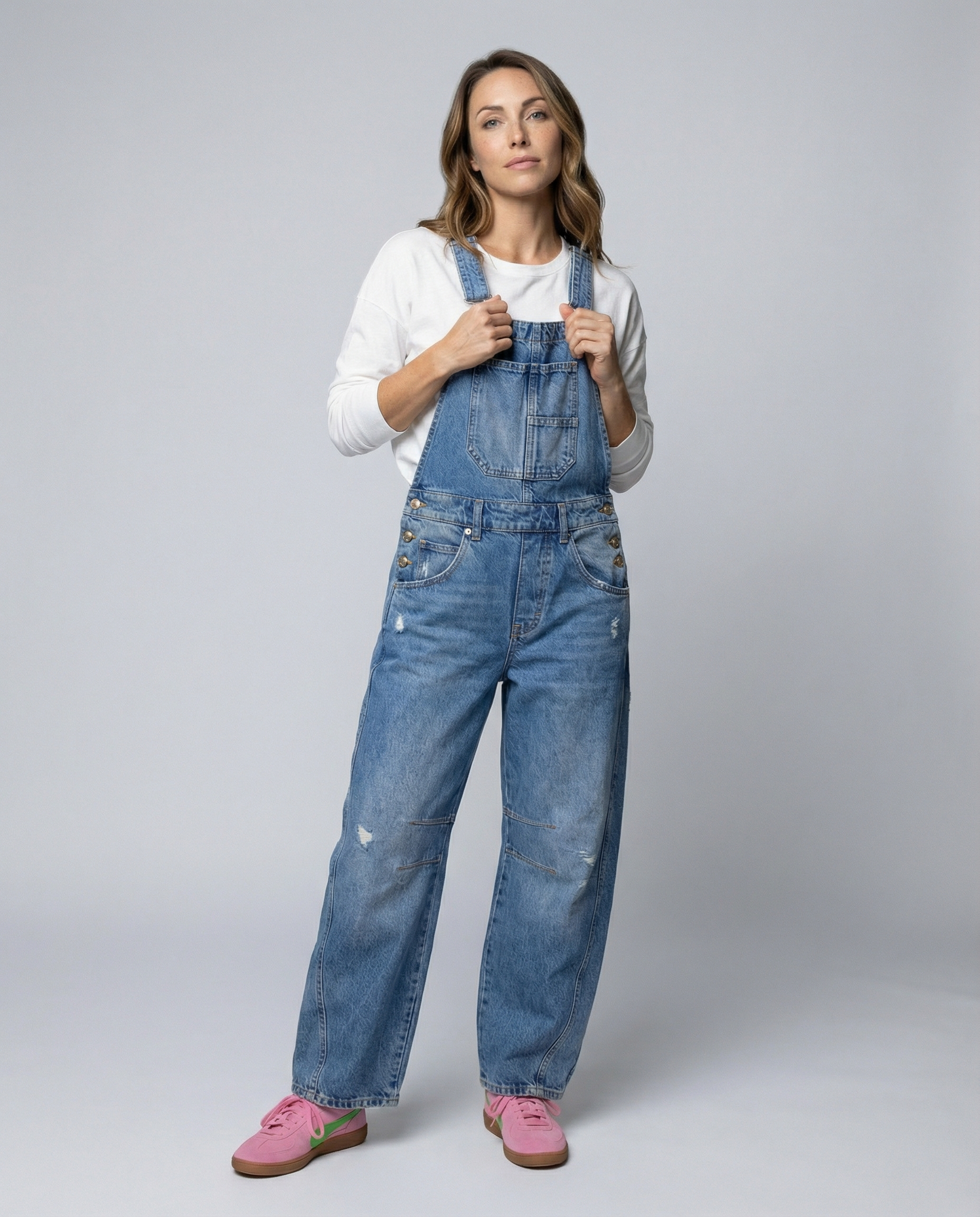 Damen Lässige Denim-Latzhose mit Weit geschnittenem Bein R&B