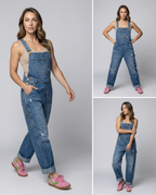 Damen Lässige Denim-Latzhose mit Weit geschnittenem Bein R&B