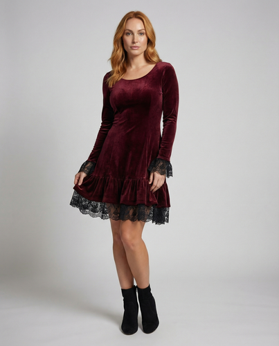 Damen Samt Minikleid mit Spitzenvolant und langen Ärmeln R&B