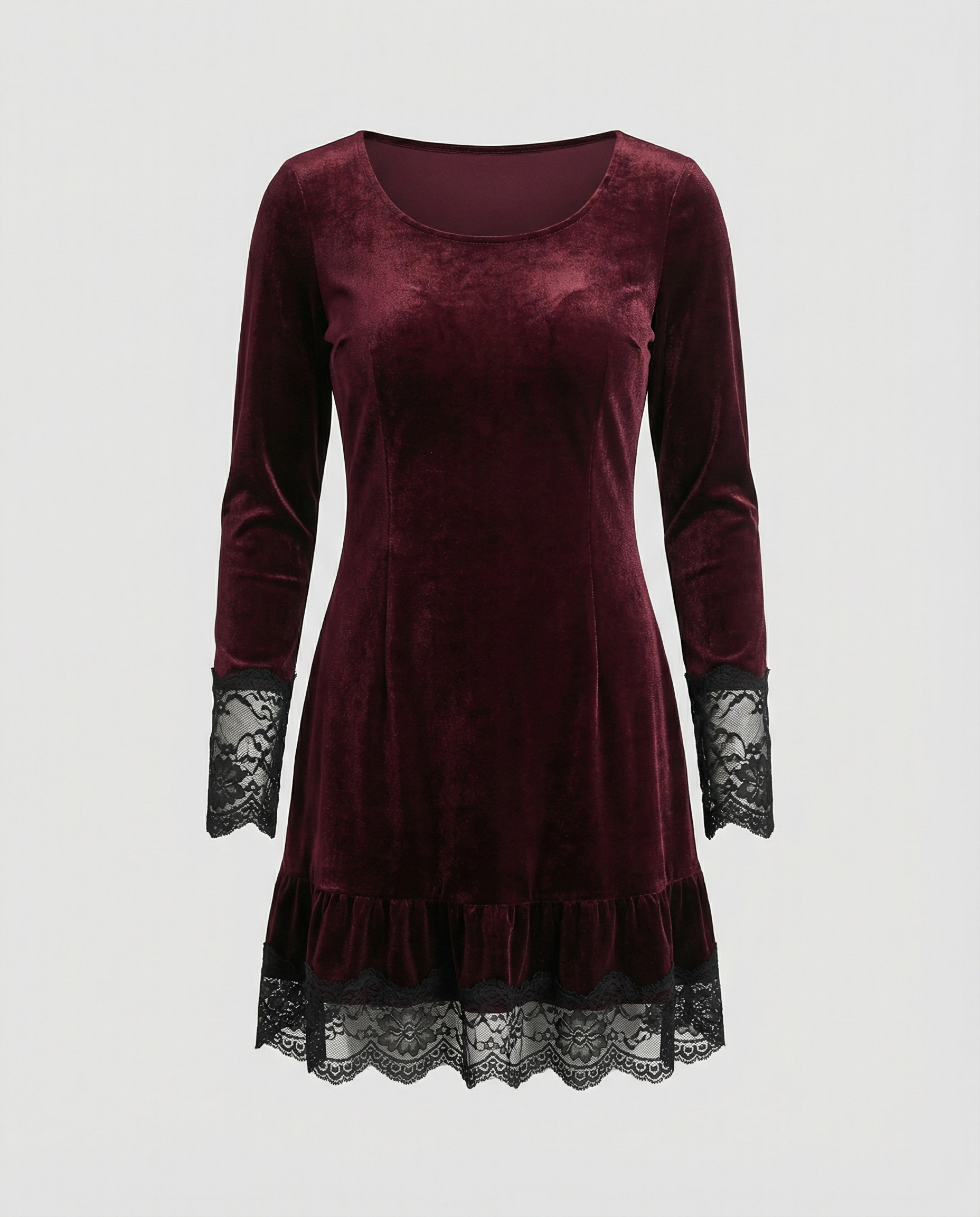 Damen Samt Minikleid mit Spitzenvolant und langen Ärmeln R&B