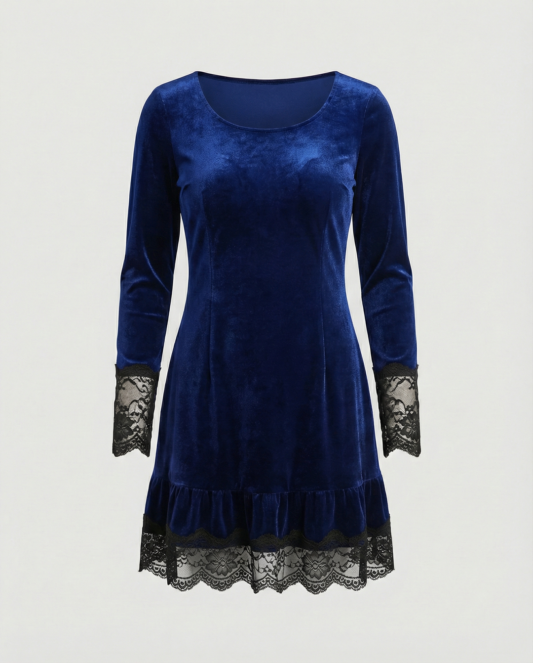 Damen Samt Minikleid mit Spitzenvolant und langen Ärmeln R&B