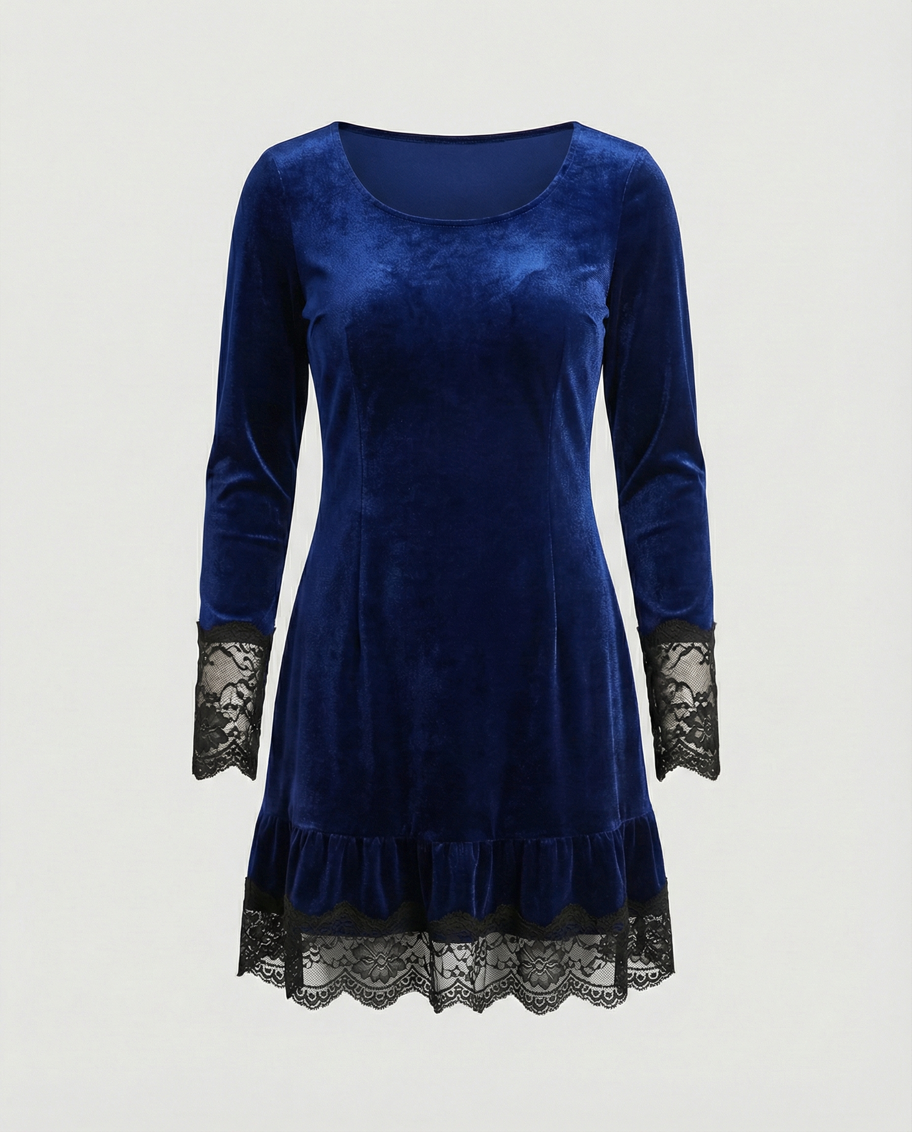 Damen Samt Minikleid mit Spitzenvolant und langen Ärmeln R&B