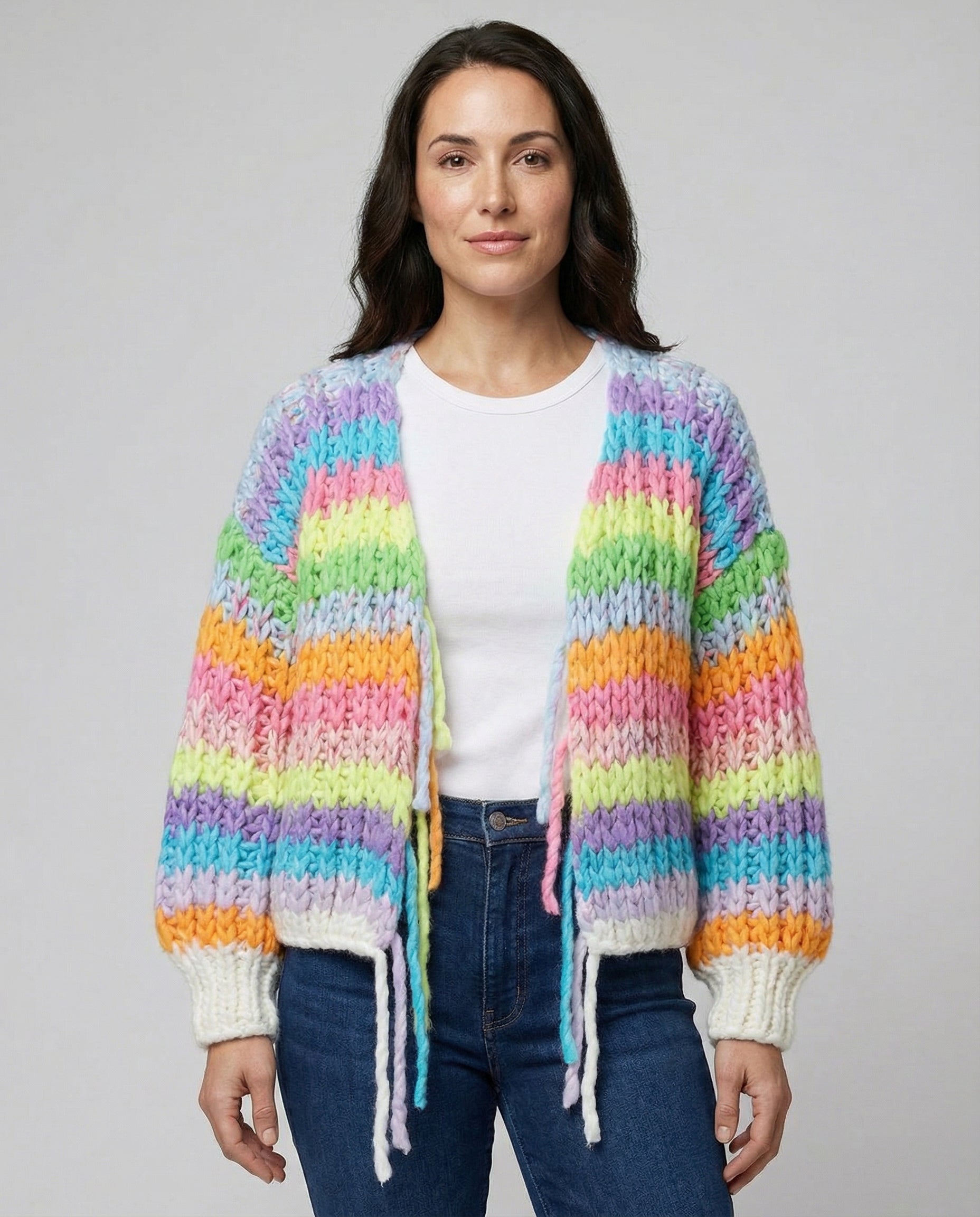 Warmer Stylischer Strick-Cardigan in Regenbogenfarben