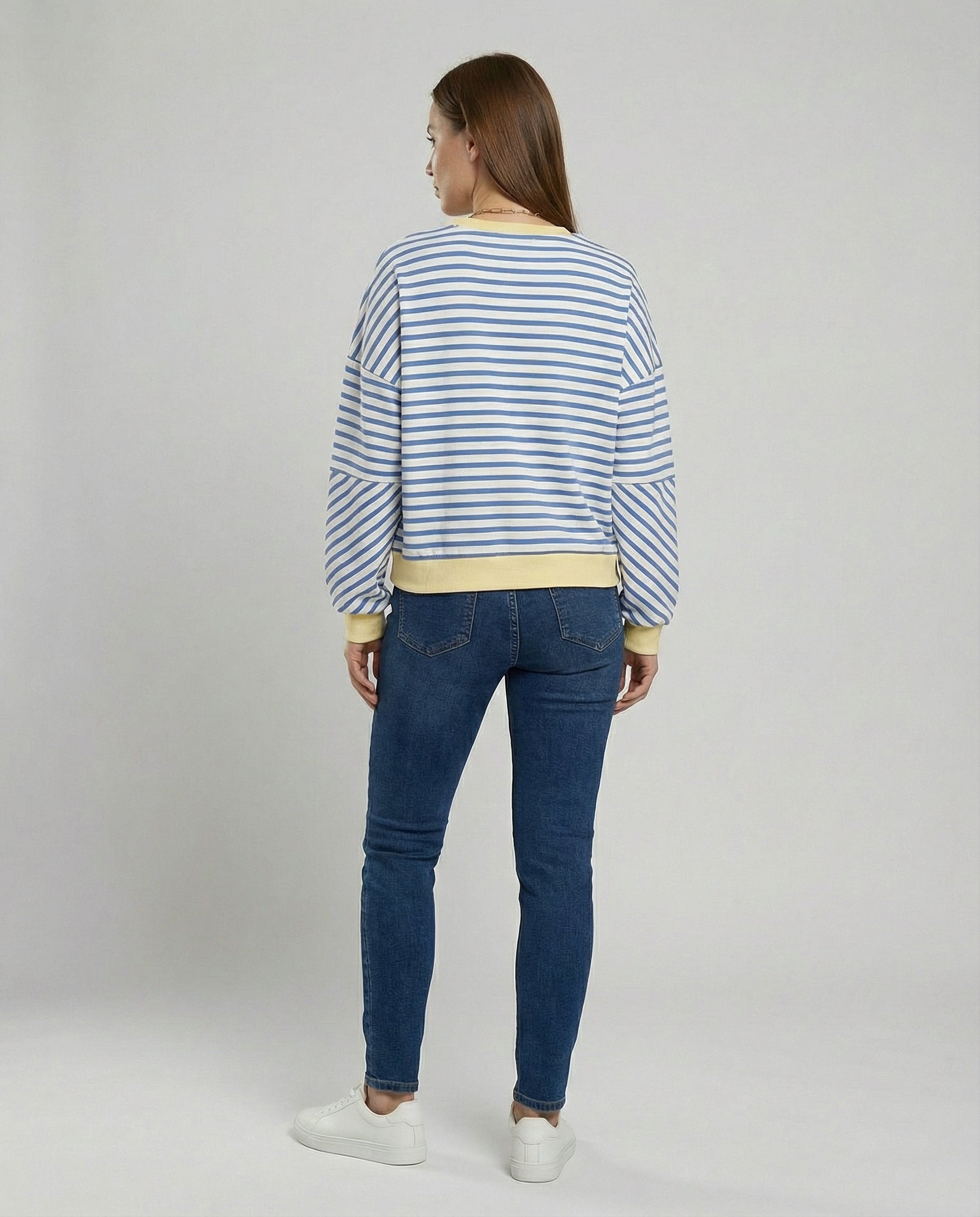 Damen lässiges gestreiftes Sweatshirt mit Boxy-Schnitt und kontrastierenden Abschlüssen R&B