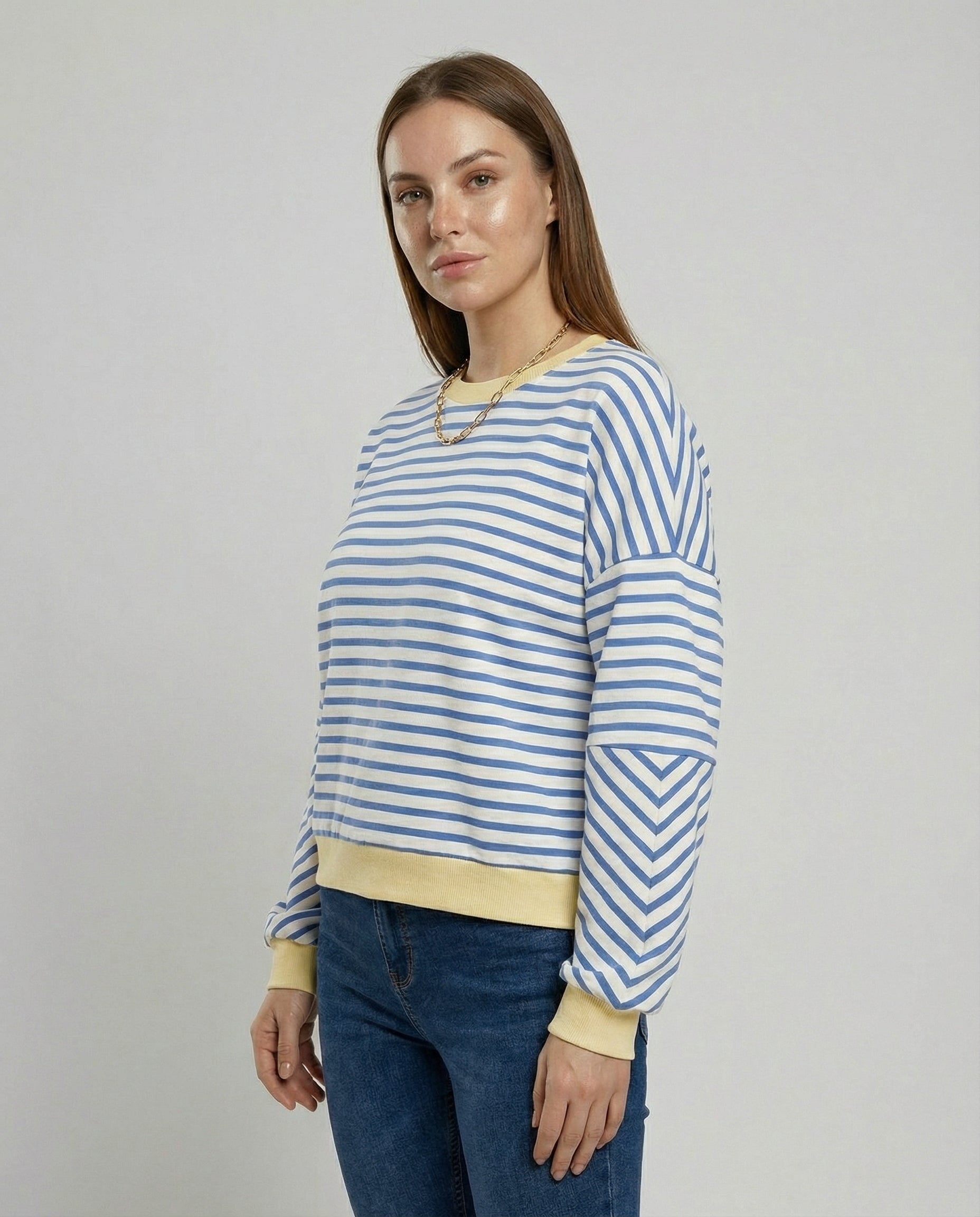 Damen lässiges gestreiftes Sweatshirt mit Boxy-Schnitt und kontrastierenden Abschlüssen R&B