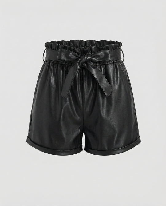 Damen Hochtaillierte Kunstleder Shorts mit Rüschentaille R&B