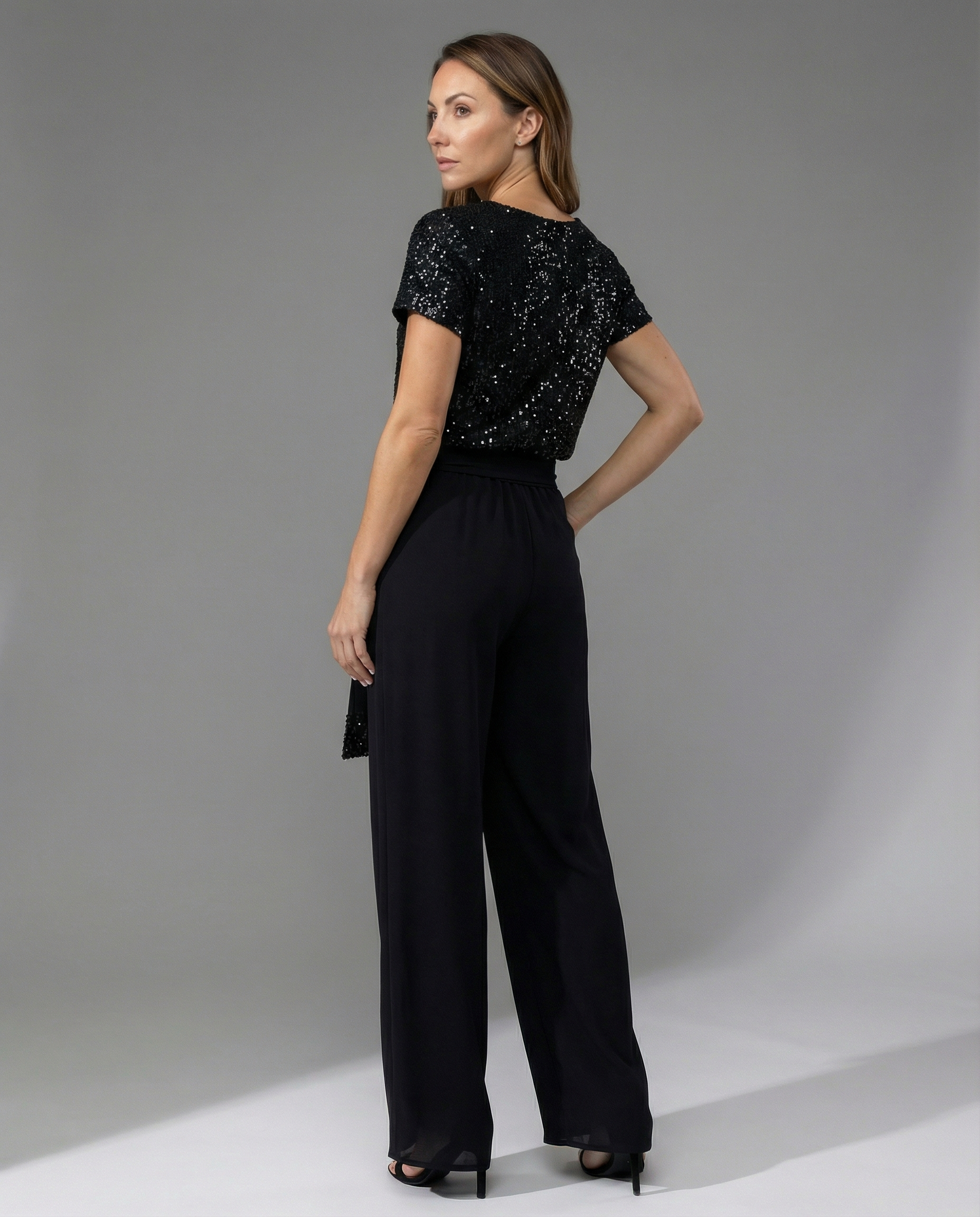 Damen Glitzernder Jumpsuit mit weitem Bein und Taillengürtel R&B