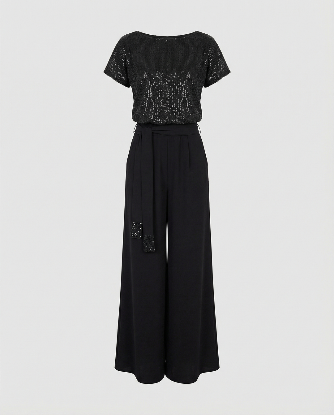 Damen Glitzernder Jumpsuit mit weitem Bein und Taillengürtel R&B