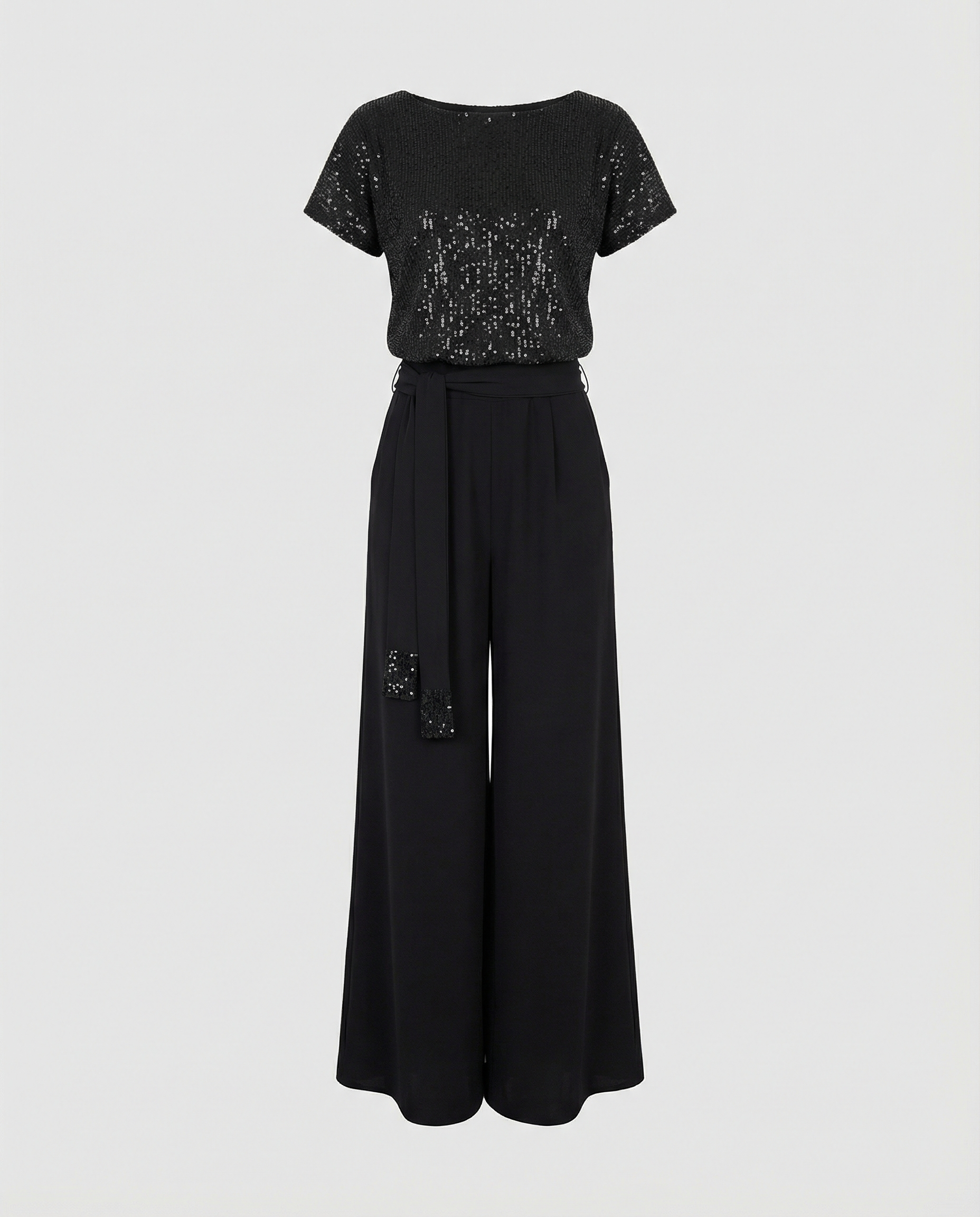 Damen Glitzernder Jumpsuit mit weitem Bein und Taillengürtel R&B