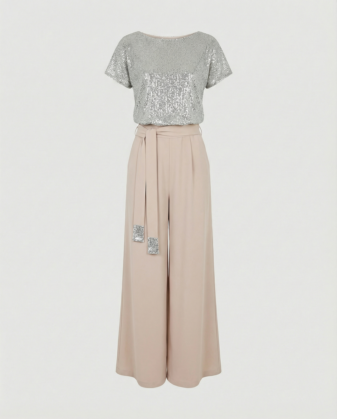Damen Glitzernder Jumpsuit mit weitem Bein und Taillengürtel R&B
