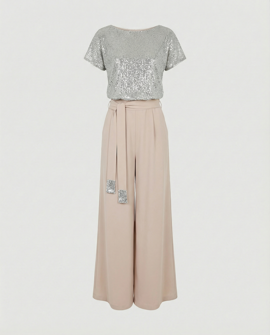 Damen Glitzernder Jumpsuit mit weitem Bein und Taillengürtel R&B