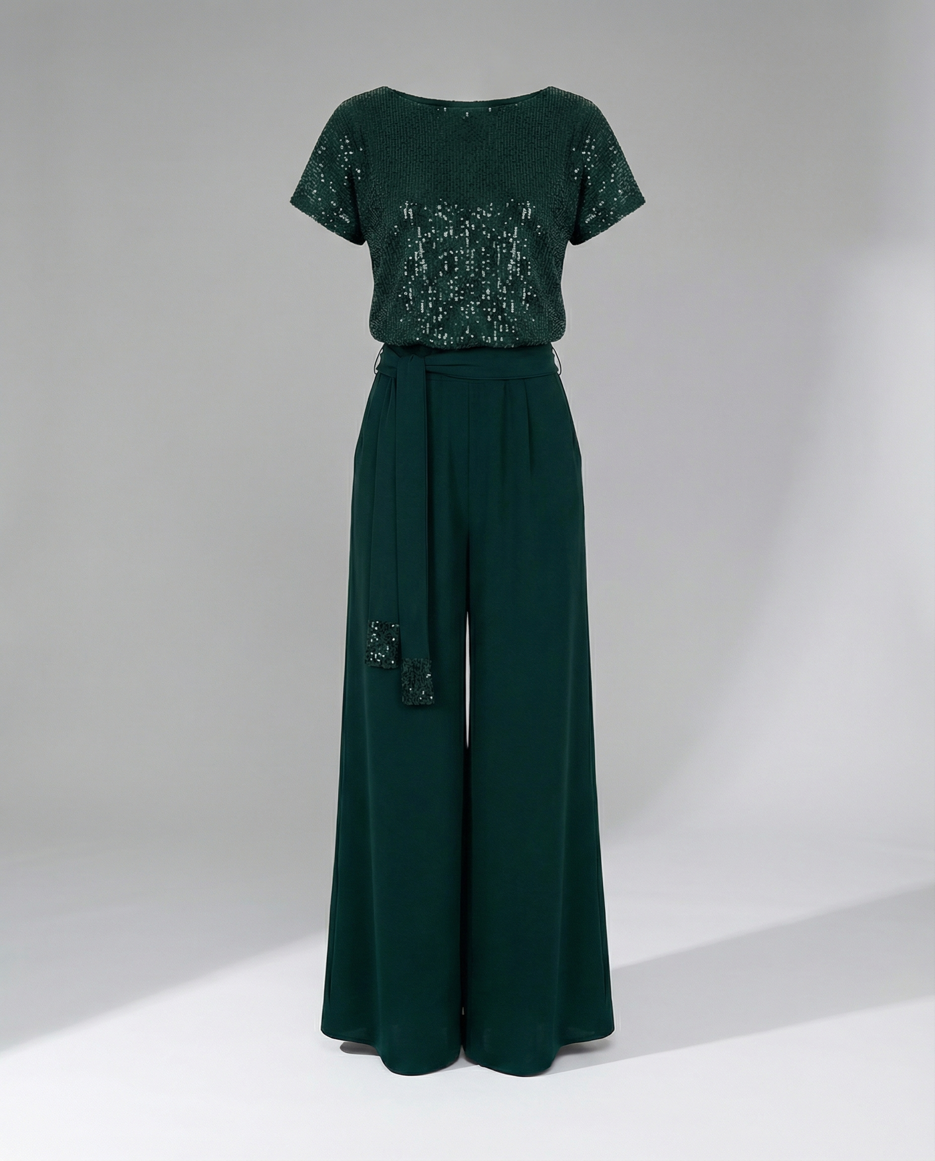 Damen Glitzernder Jumpsuit mit weitem Bein und Taillengürtel R&B