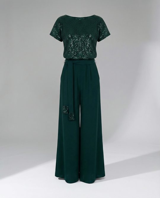 Damen Glitzernder Jumpsuit mit weitem Bein und Taillengürtel R&B