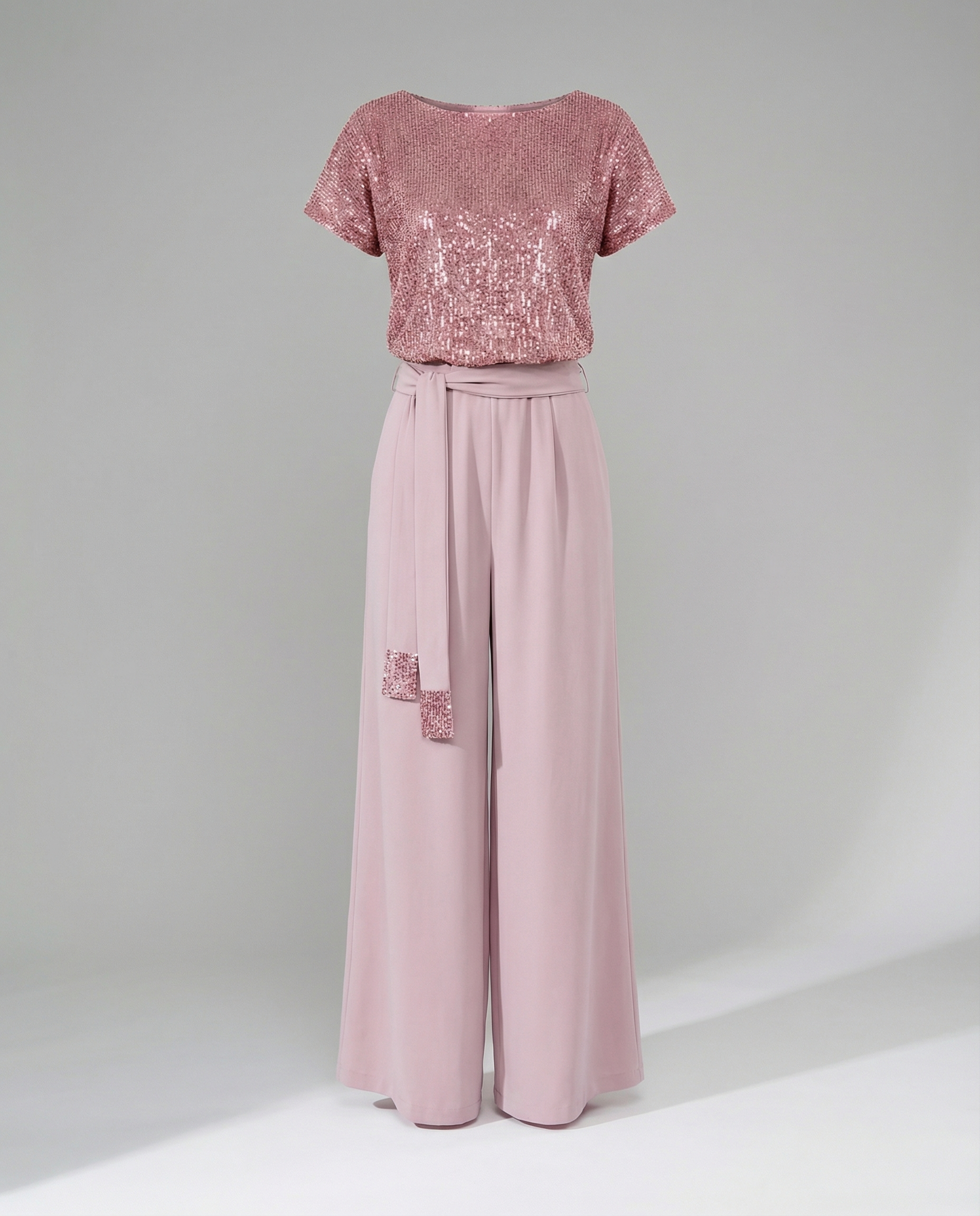 Damen Glitzernder Jumpsuit mit weitem Bein und Taillengürtel R&B