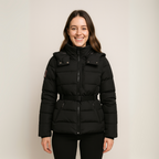 R&B | Damen Schwarze Pufferjacke mit Gürteltaille und Hohem Kragen