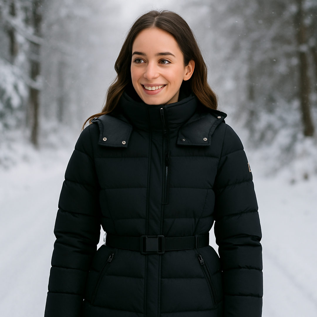 R&B | Damen Schwarze Pufferjacke mit Gürteltaille und Hohem Kragen