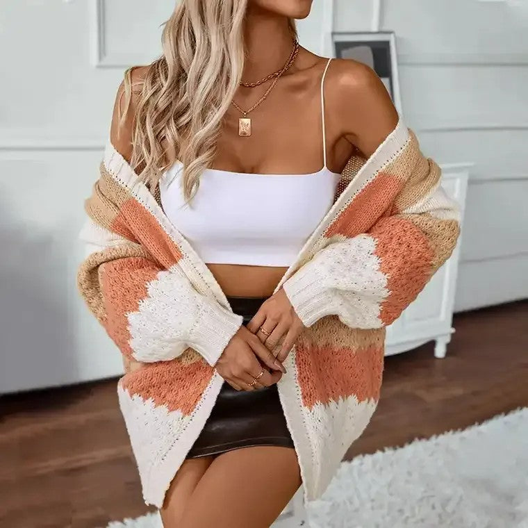 R&B | Damen Strickcardigan mit Farbblöcken und offener Vorderseite