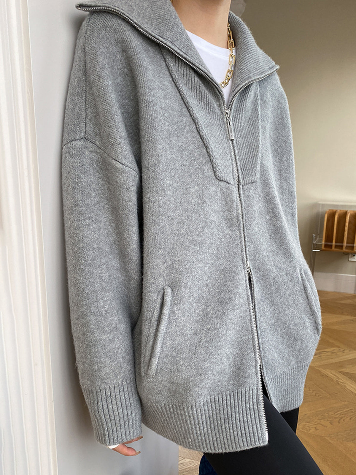 R&B | Damen Übergröße Strickjacke mit offenem Kragen und langen Ärmeln