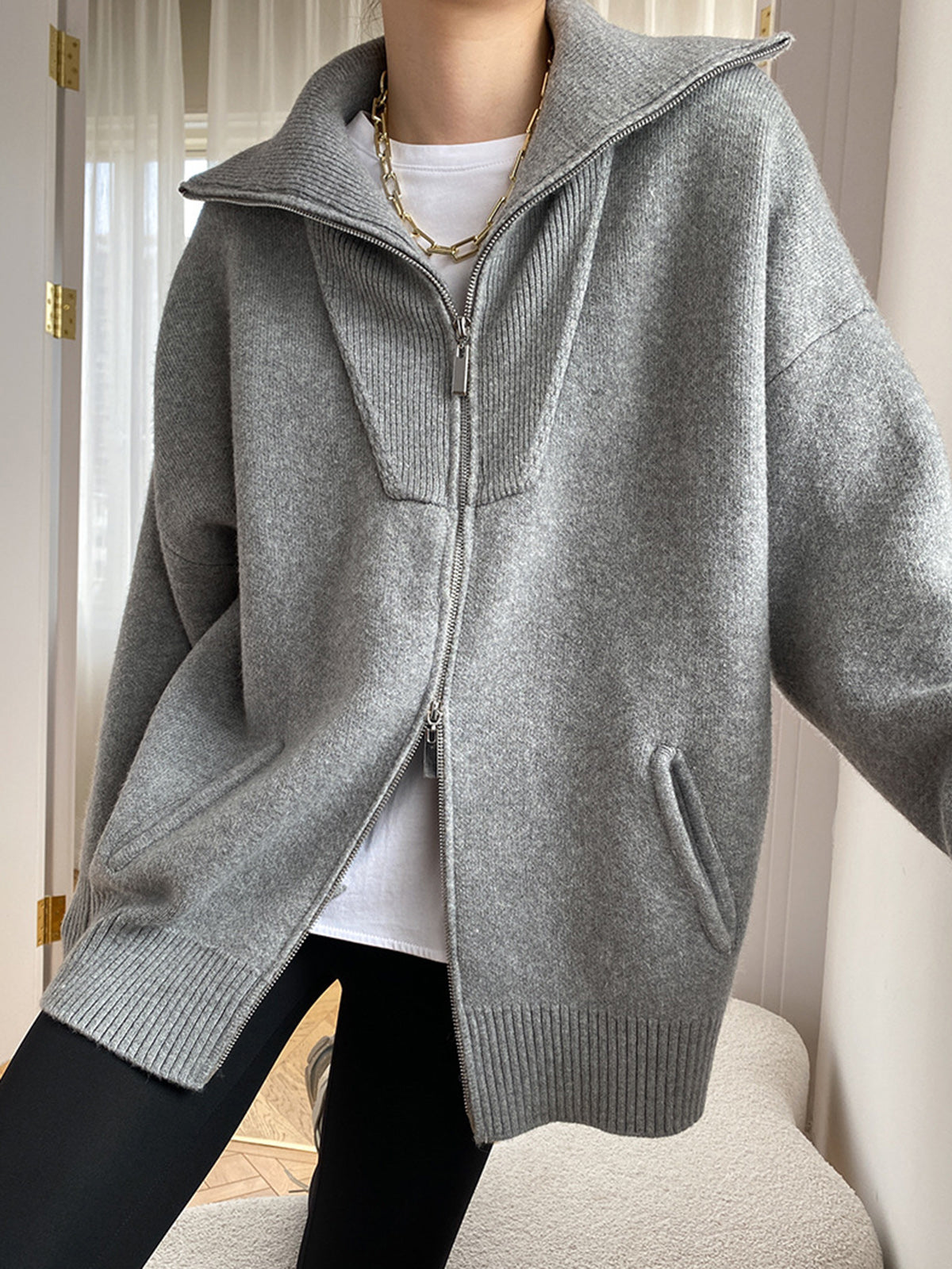 R&B | Damen Übergröße Strickjacke mit offenem Kragen und langen Ärmeln
