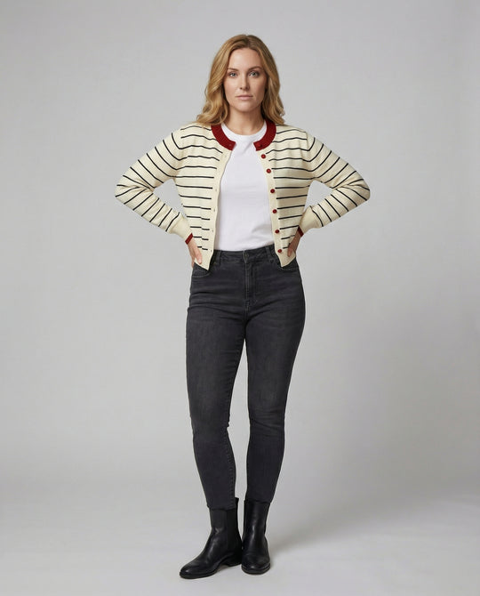 Gestreifte Strickjacke Damen Herbst Loose Fit Weicher Cardigan